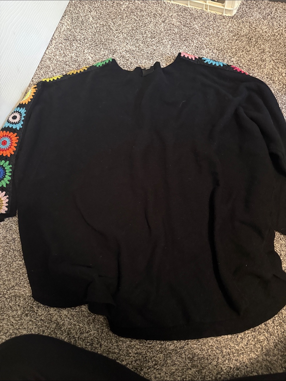 Black Sweater with Colorful Crochet Flower Trim